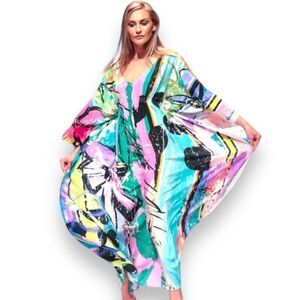 V Neck Multicolor Abstract Cotton Long Kaftan Dress Cover Up - NEW